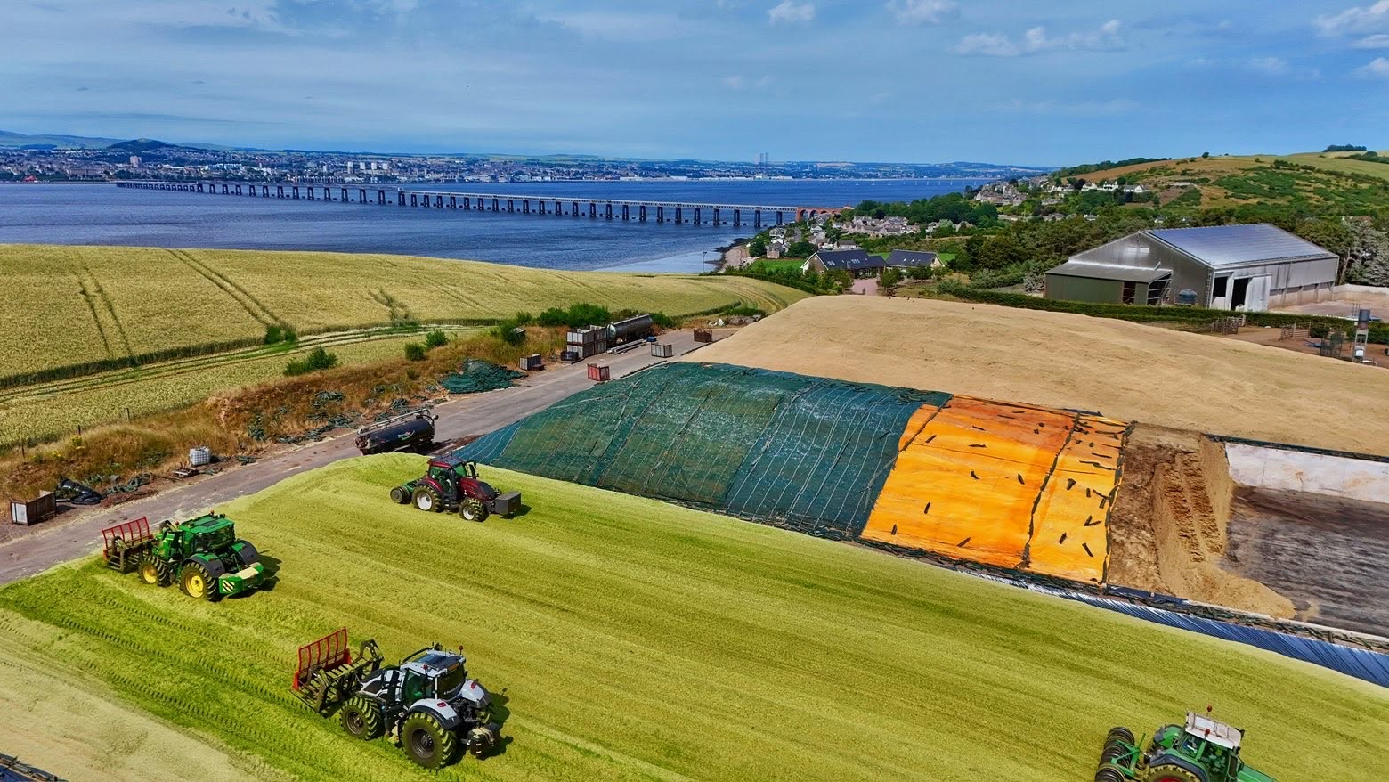 Aerial view of a covered silage clamp and surrounding fields